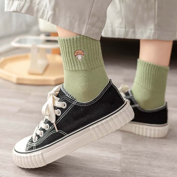 Embroidered Mushroom Ribbed Mid Calf Y2K Cotton Socks - Picture 13 of 15